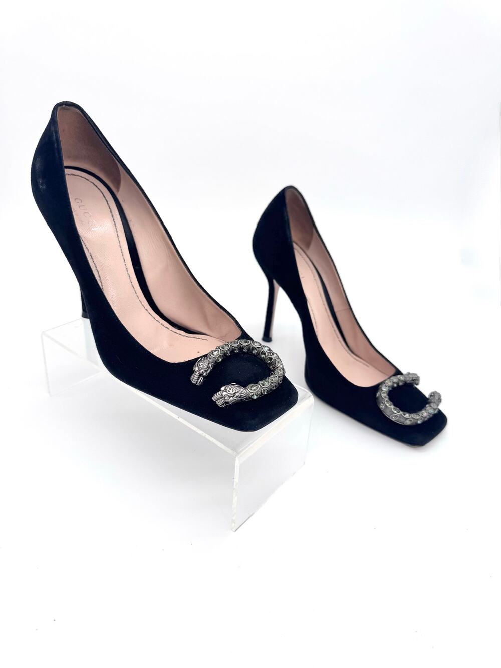 Gucci Dionysus Black Suede Crystal Tiger Head Square Toe Pumps EU 37.5
